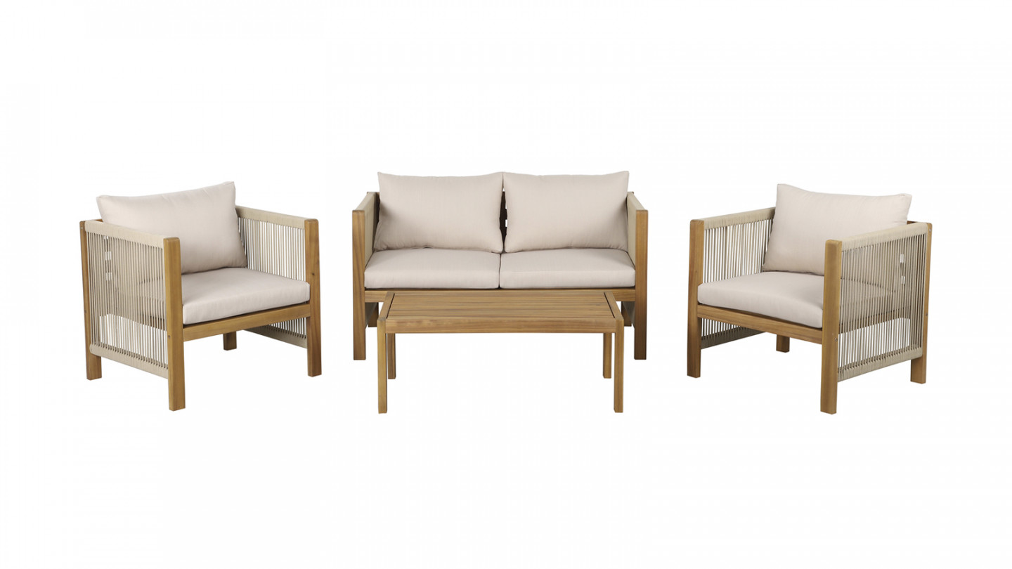Salon de jardin 4 places en bois d'acacia et corde - coussins beige - Pai