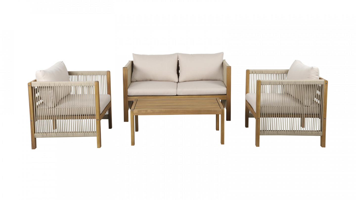 Salon de jardin 4 places en bois d'acacia et corde - coussins beige - Pai