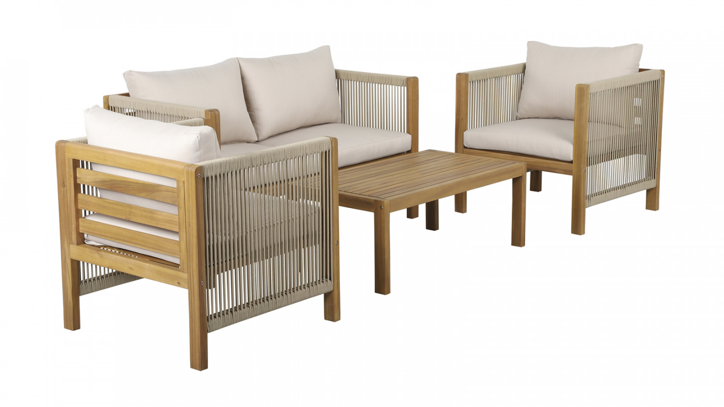 Salon de jardin 4 places en bois d'acacia et corde - coussins beige - Pai