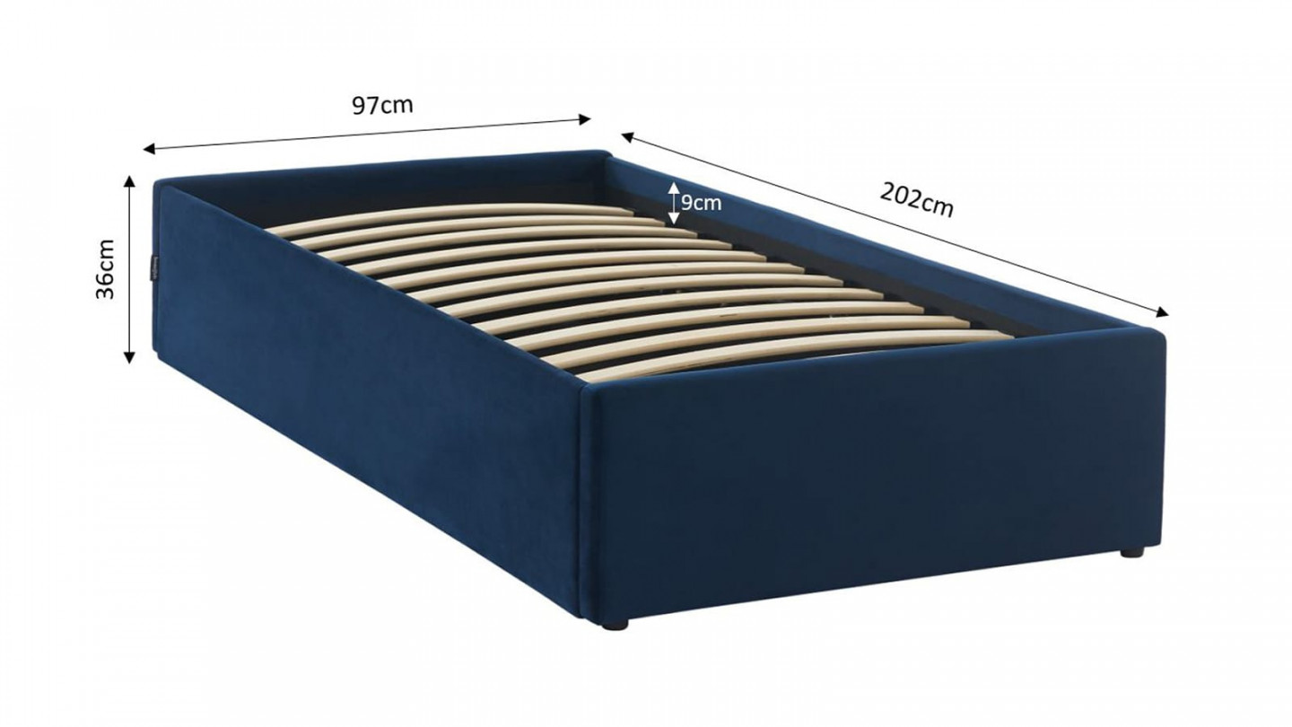 Lit coffre 90x190cm en velours bleu foncé + sommier à lattes - Handy