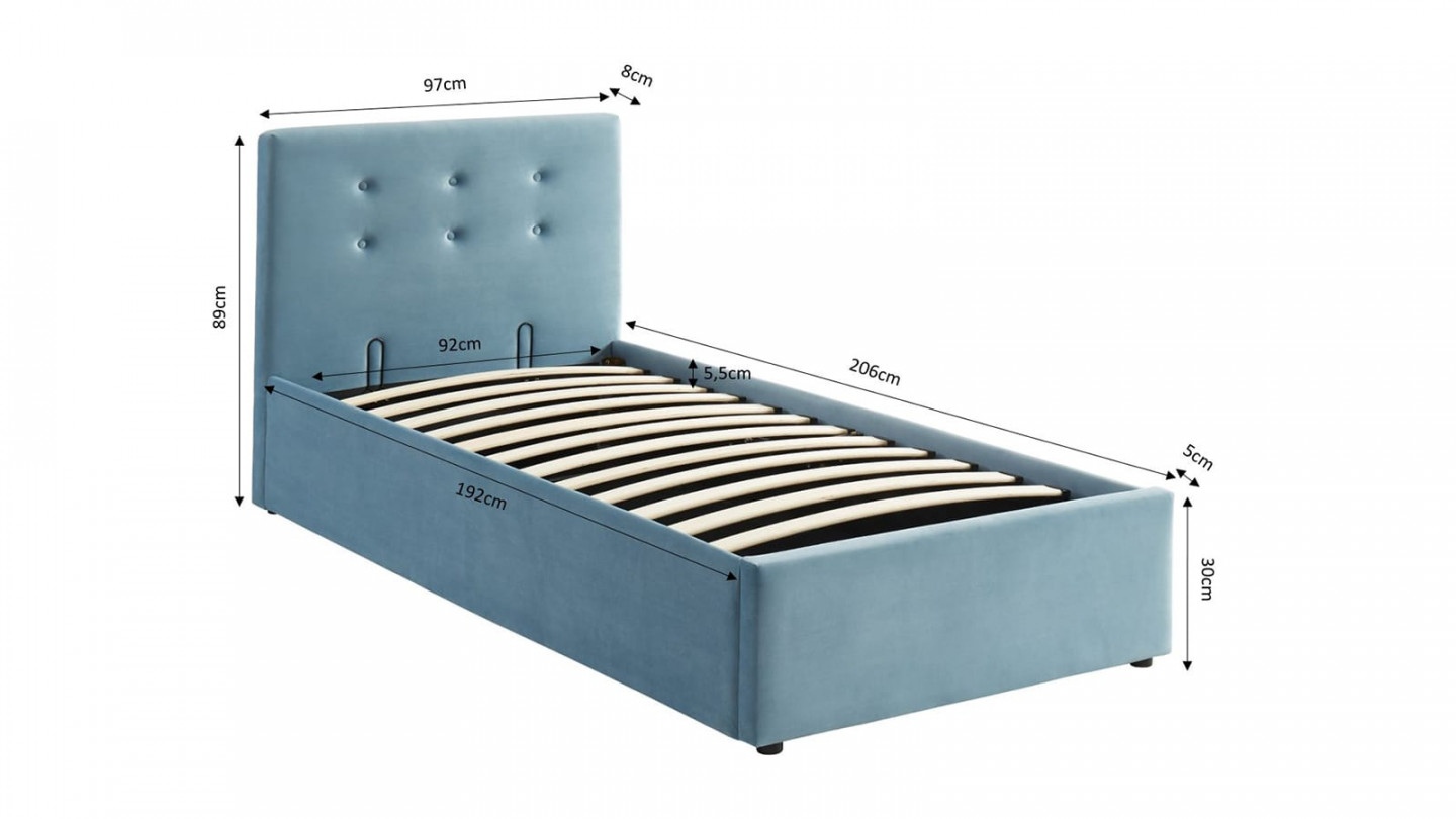 Lit coffre simple 90x190 en velours bleu avec tête de lit et sommier à lattes - Collection Tina
