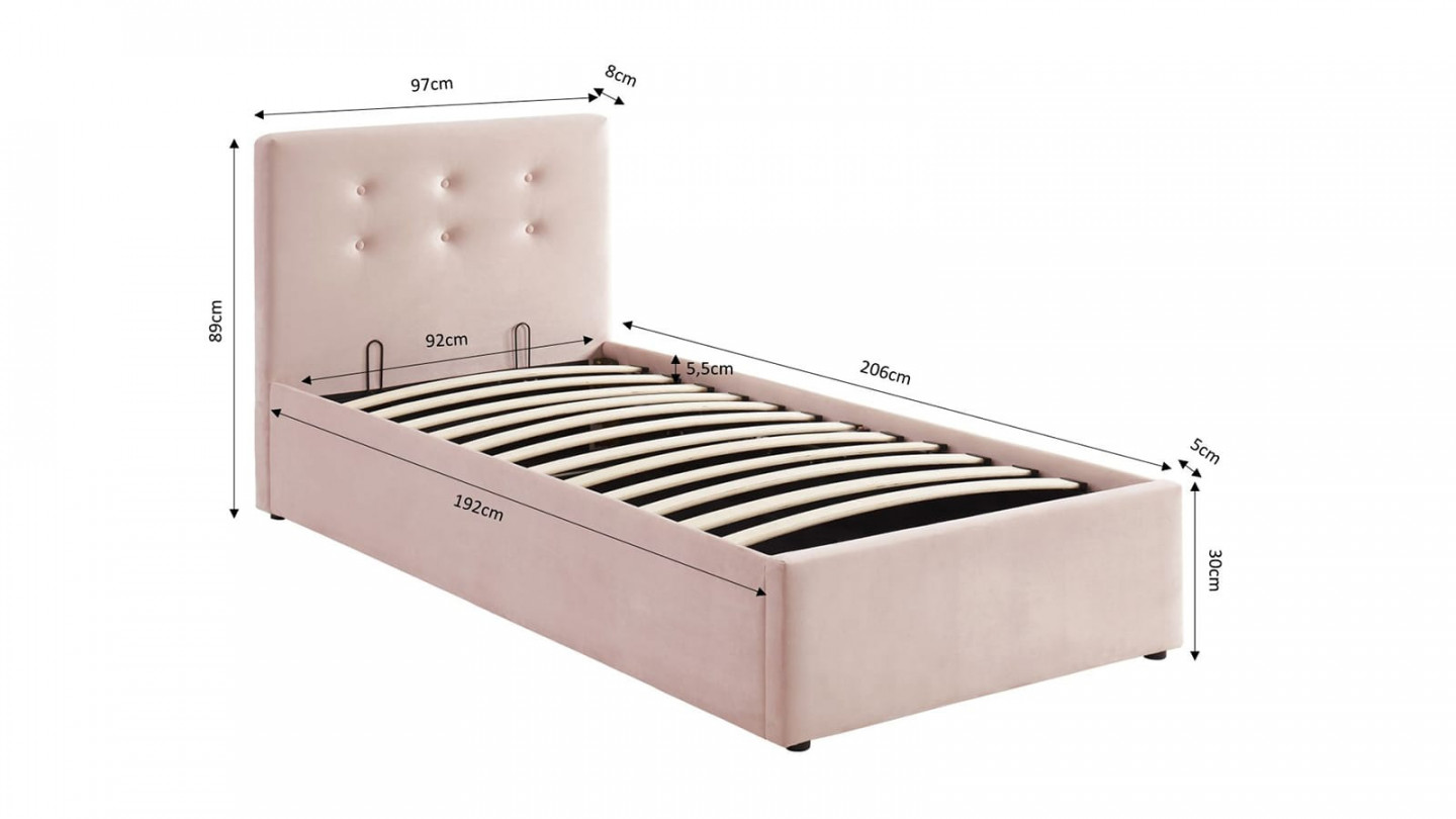 Lit coffre simple 90x190 en velours rose poudré avec tête de lit et sommier à lattes - Collection Tina