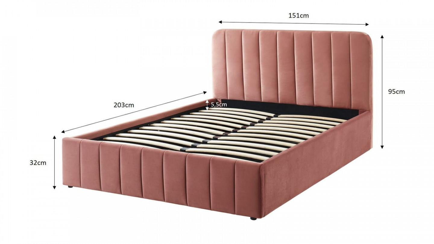 Lit coffre 140x190cm en velours rose blush avec tête de lit + sommier à lattes - Collection Ava - ELLE DECO