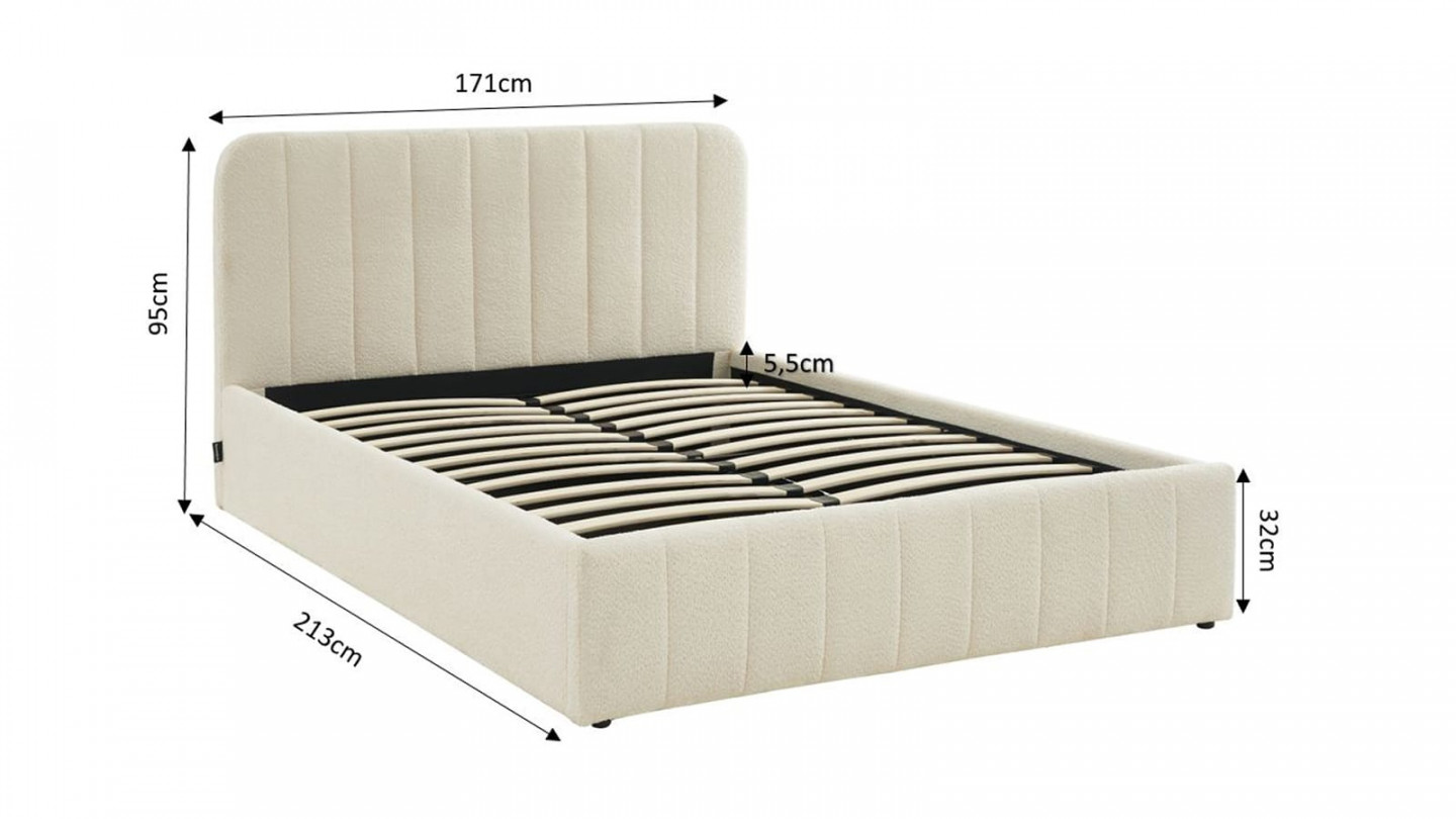 Lit coffre 160x200 en tissu bouclé beige avec tête de lit + sommier à lattes - Ava