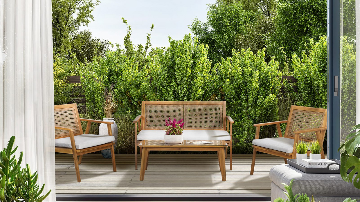 Salon de jardin 4 places en bois d'acacia naturel et gris clair