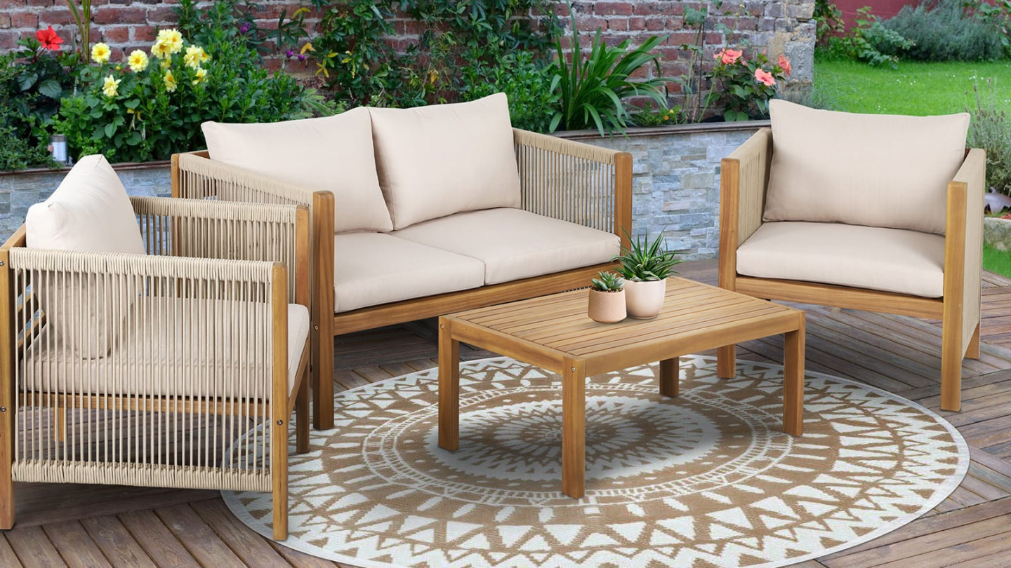 Salon de jardin 4 places en bois d'acacia et corde - coussins beige - Pai