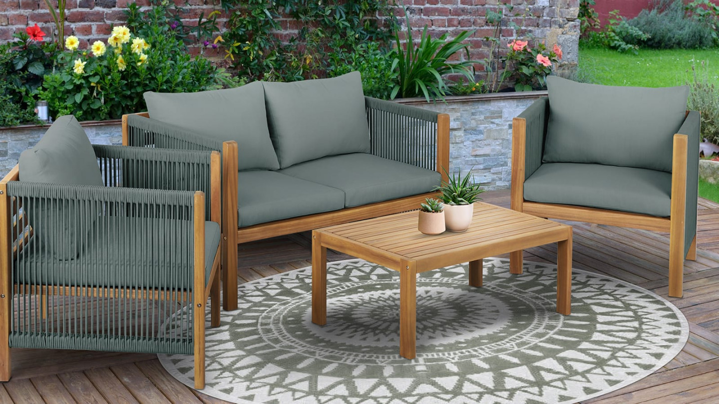 Banquette de jardin en acacia et coussin - gris (2 places