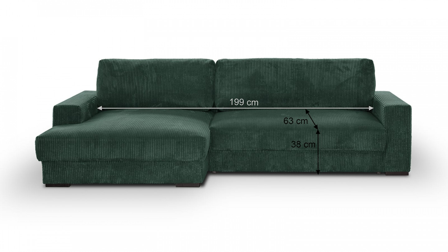 Canapé d'angle gauche convertible 3 places avec coffre de rangement en velours côtelé vert foncé - Arty