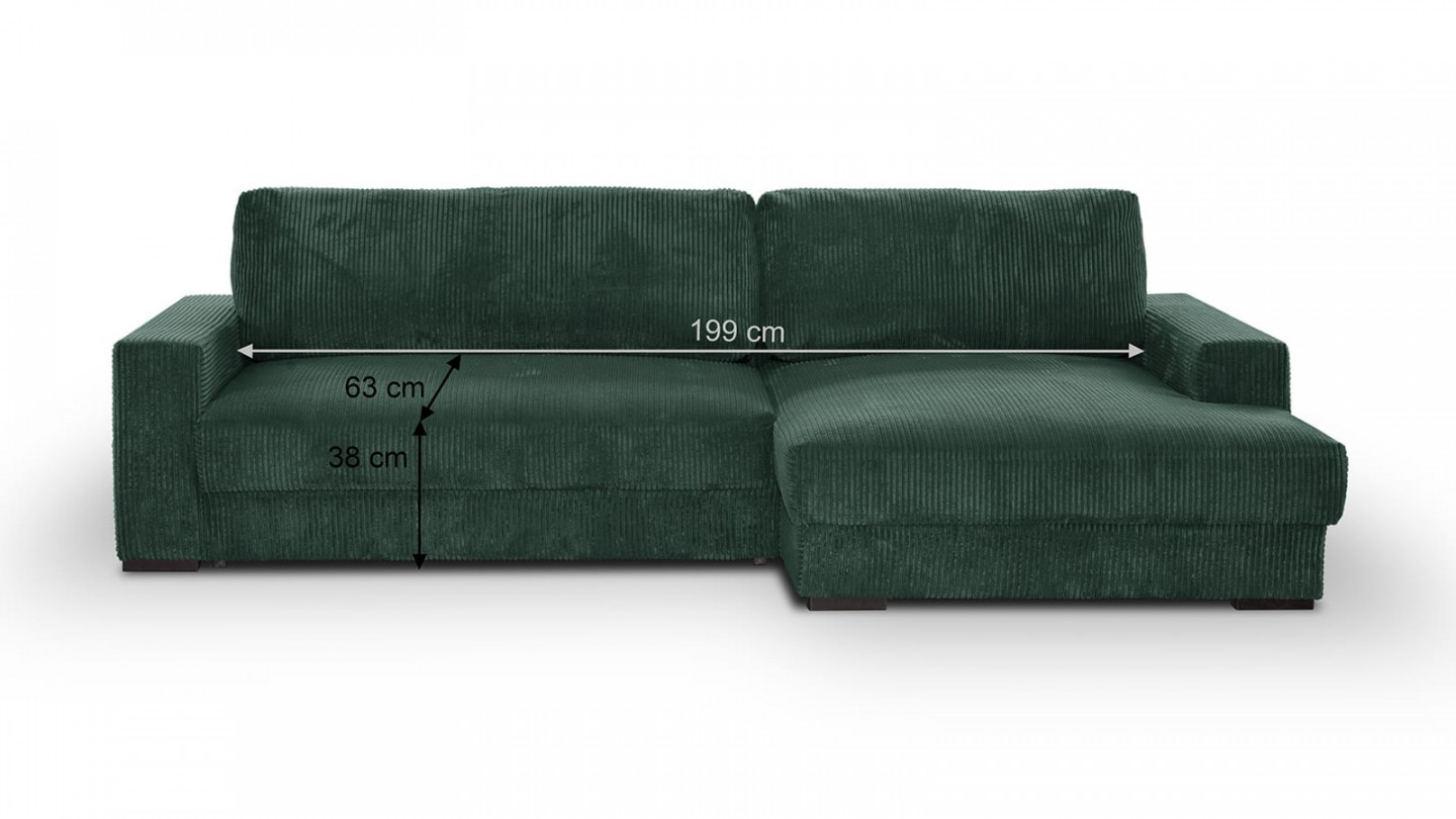 Canapé d'angle droit convertible 3 places avec coffre de rangement en velours côtelé vert foncé - Arty