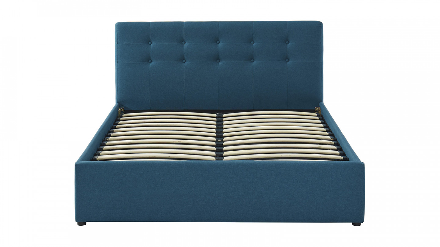 Lit coffre 140x190 en tissu bleu canard avec tête de lit et sommier à lattes - Collection Tina