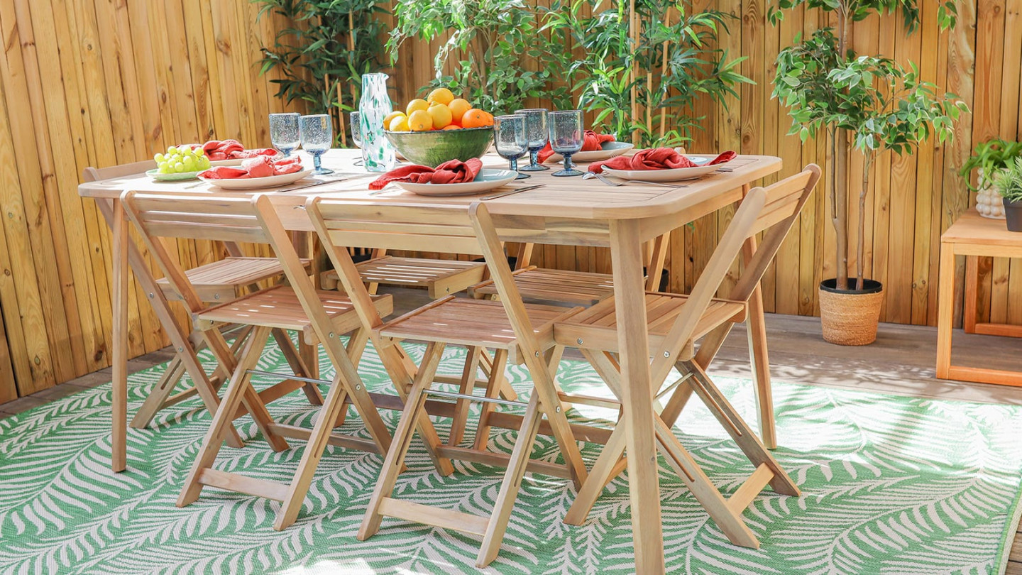 Ensemble table de jardin en acacia blanchi avec extension 160/210 cm + 8 chaises pliantes