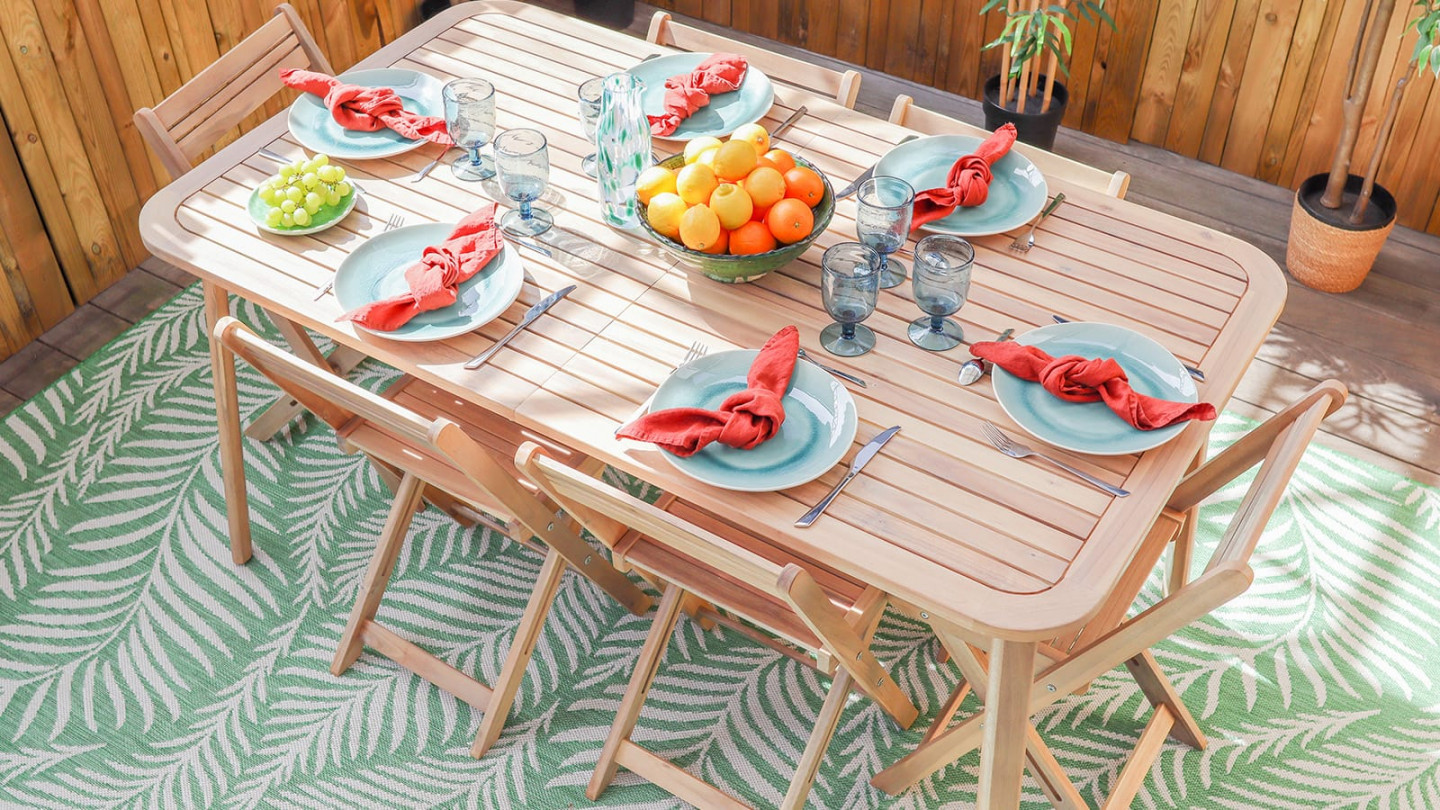 Ensemble table de jardin en acacia blanchi avec extension 160/210 cm + 8 chaises pliantes