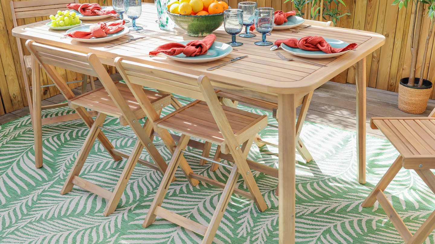 Ensemble table de jardin en acacia blanchi avec extension 160/210 cm + 8 chaises pliantes