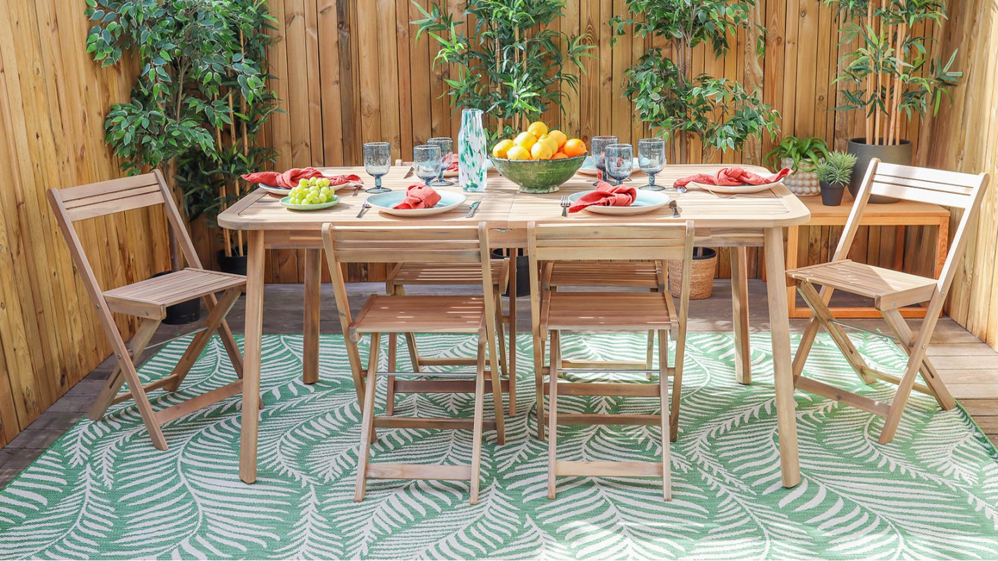 Ensemble table de jardin en acacia blanchi avec extension 160/210 cm + 8 chaises pliantes