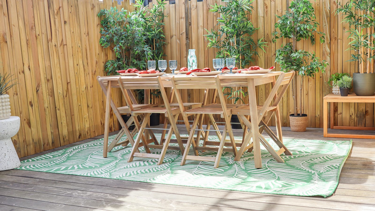 Ensemble table de jardin en acacia blanchi avec extension 160/210 cm + 8 chaises pliantes