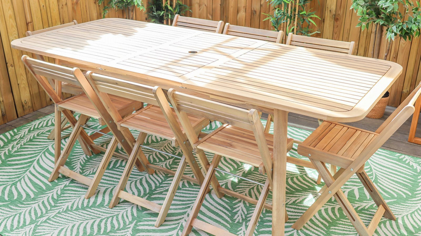 Ensemble table de jardin en acacia blanchi avec extension 160/210 cm + 8 chaises pliantes