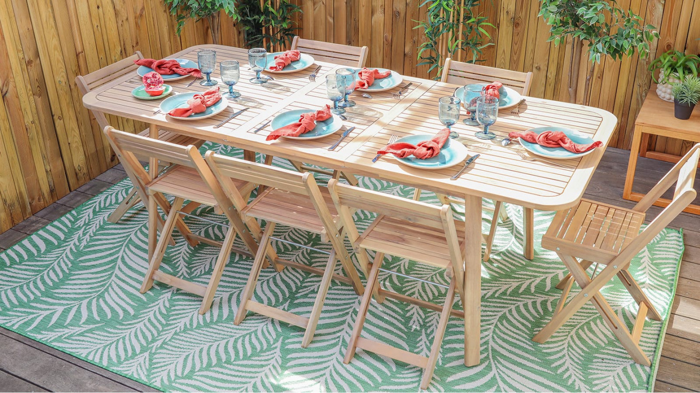 Ensemble table de jardin en acacia blanchi avec extension 160/210 cm + 8 chaises pliantes