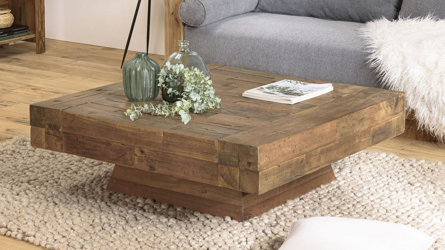 Table Basse Maison Du Monde Bois Massif 1m X 1m Verre Salon