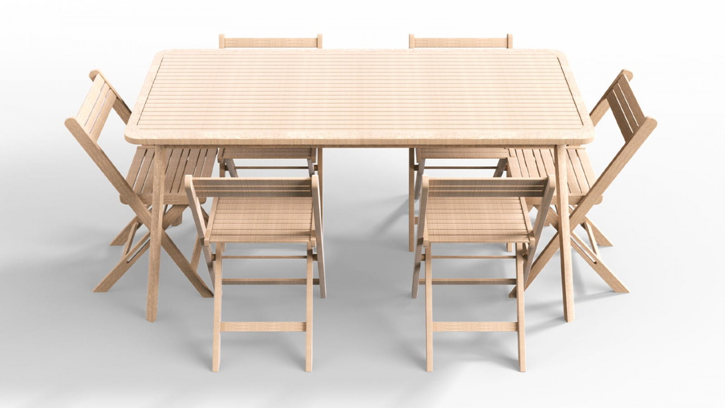 Ensemble table de jardin en acacia blanchi avec extension 160/210 cm + 8 chaises pliantes