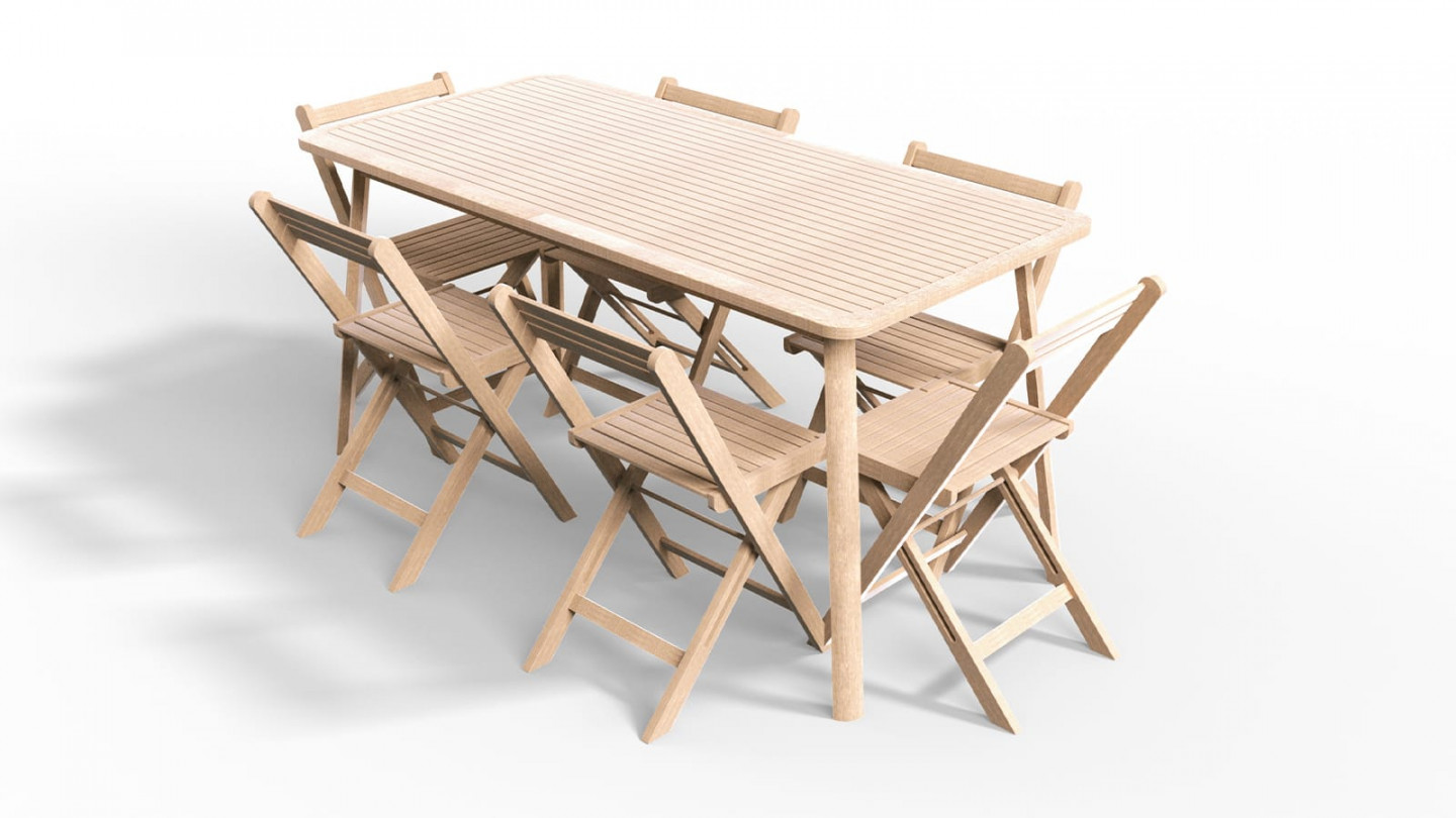 Ensemble table de jardin en acacia blanchi avec extension 160/210 cm + 8 chaises pliantes