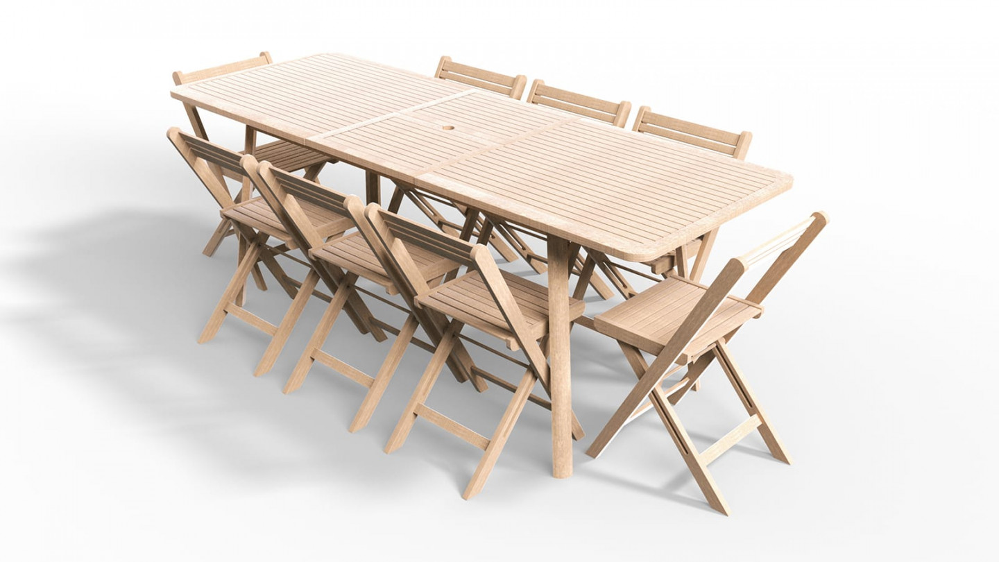 Ensemble table de jardin en acacia blanchi avec extension 160/210 cm + 8 chaises pliantes