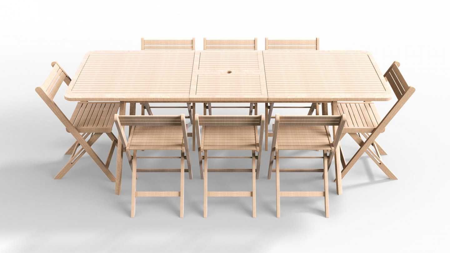 Ensemble table de jardin en acacia blanchi avec extension 160/210 cm + 8 chaises pliantes