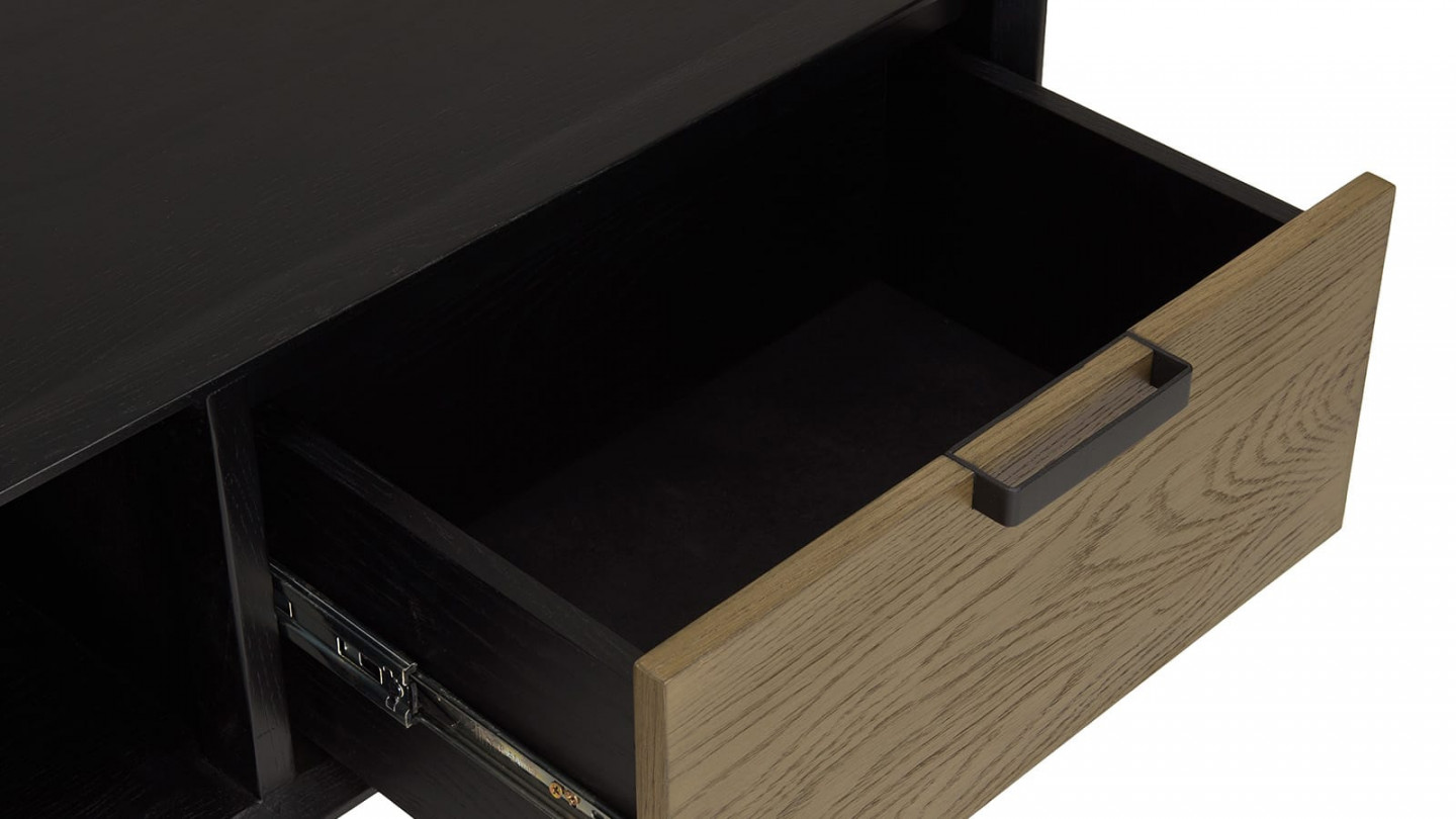 Table basse noire 1 niche 2 tiroirs marron foncé pieds métal ALMA