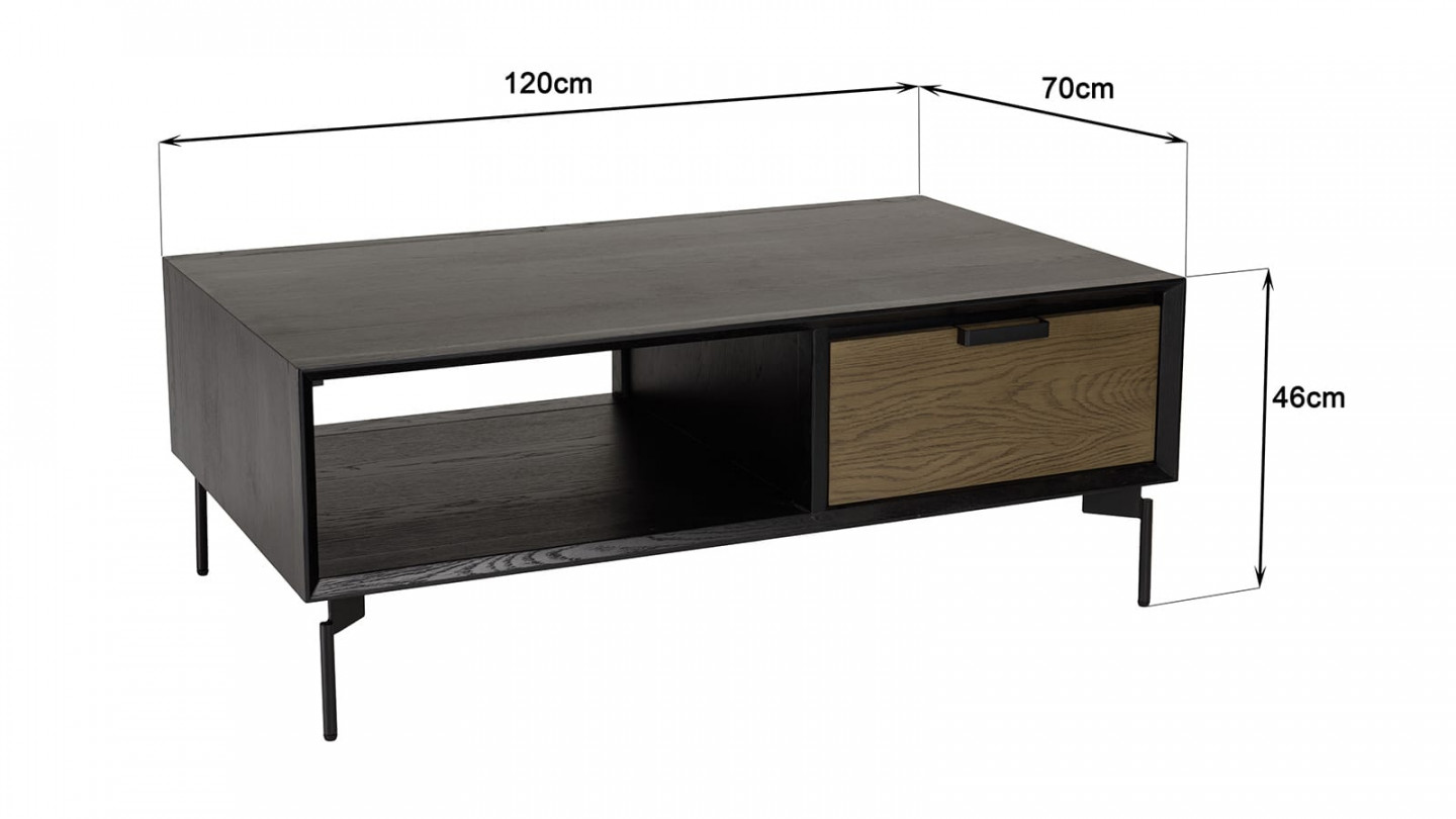 Table basse noire 1 niche 2 tiroirs marron foncé pieds métal ALMA
