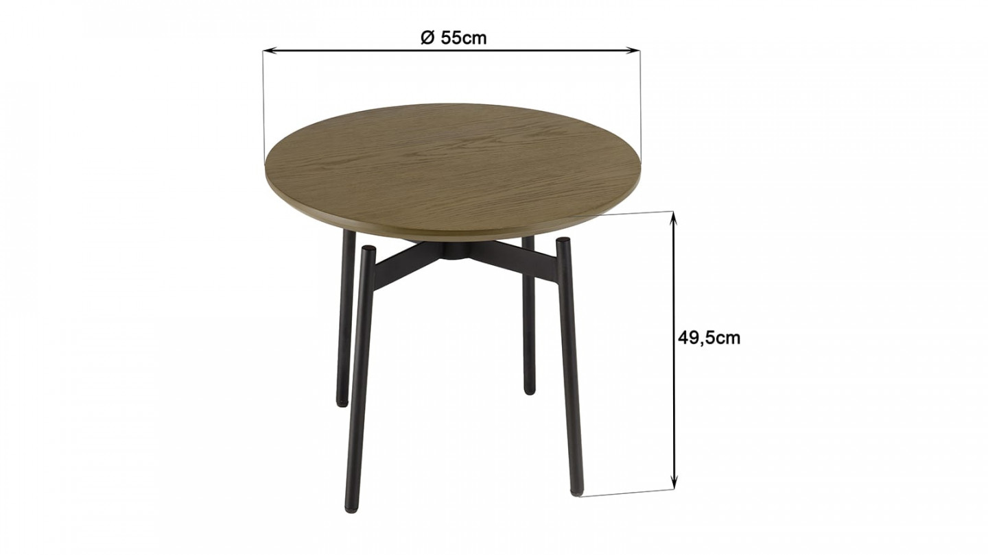 Table d’appoint ronde marron foncé 55x55cm pieds métal noir ALMA