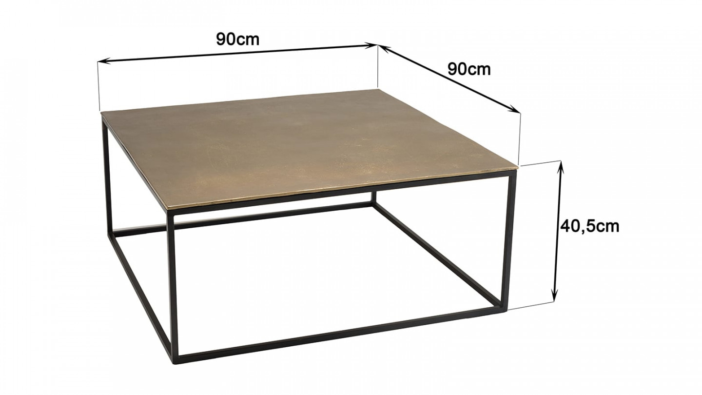 Table basse carrée 90x90cm aluminium doré et noir pieds métal - Johan