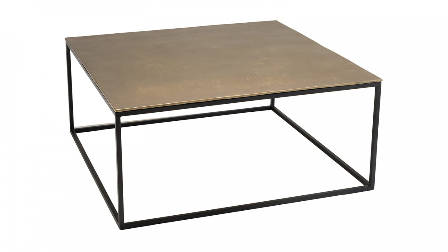 Table basse carrée 90x90cm aluminium doré et noir pieds métal - Johan