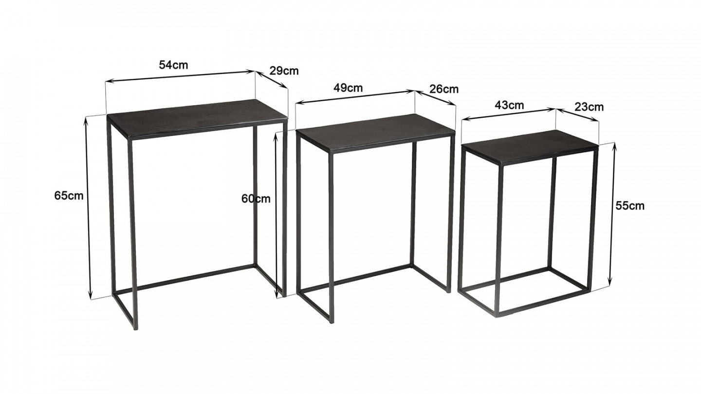 Set de 3 tables gigognes rectangulaires alu noir pieds métal JOHAN