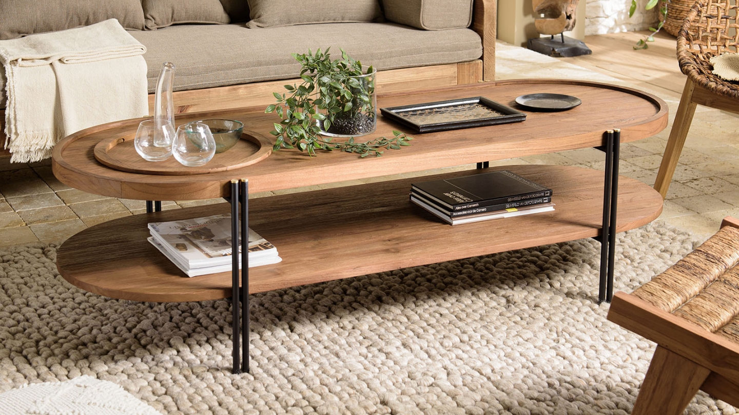 Table Basse Ovale En.casa - Rangement Intégré, Panneau Particules Et Pieds Hêtre 43x70x44cm
