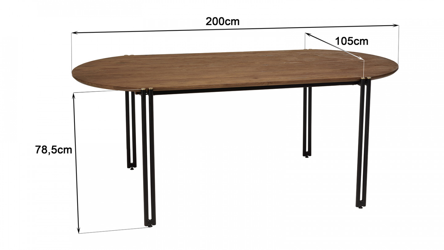 Table à manger ovale 200x105cm plateau bois de teck recyclé SIXTINE