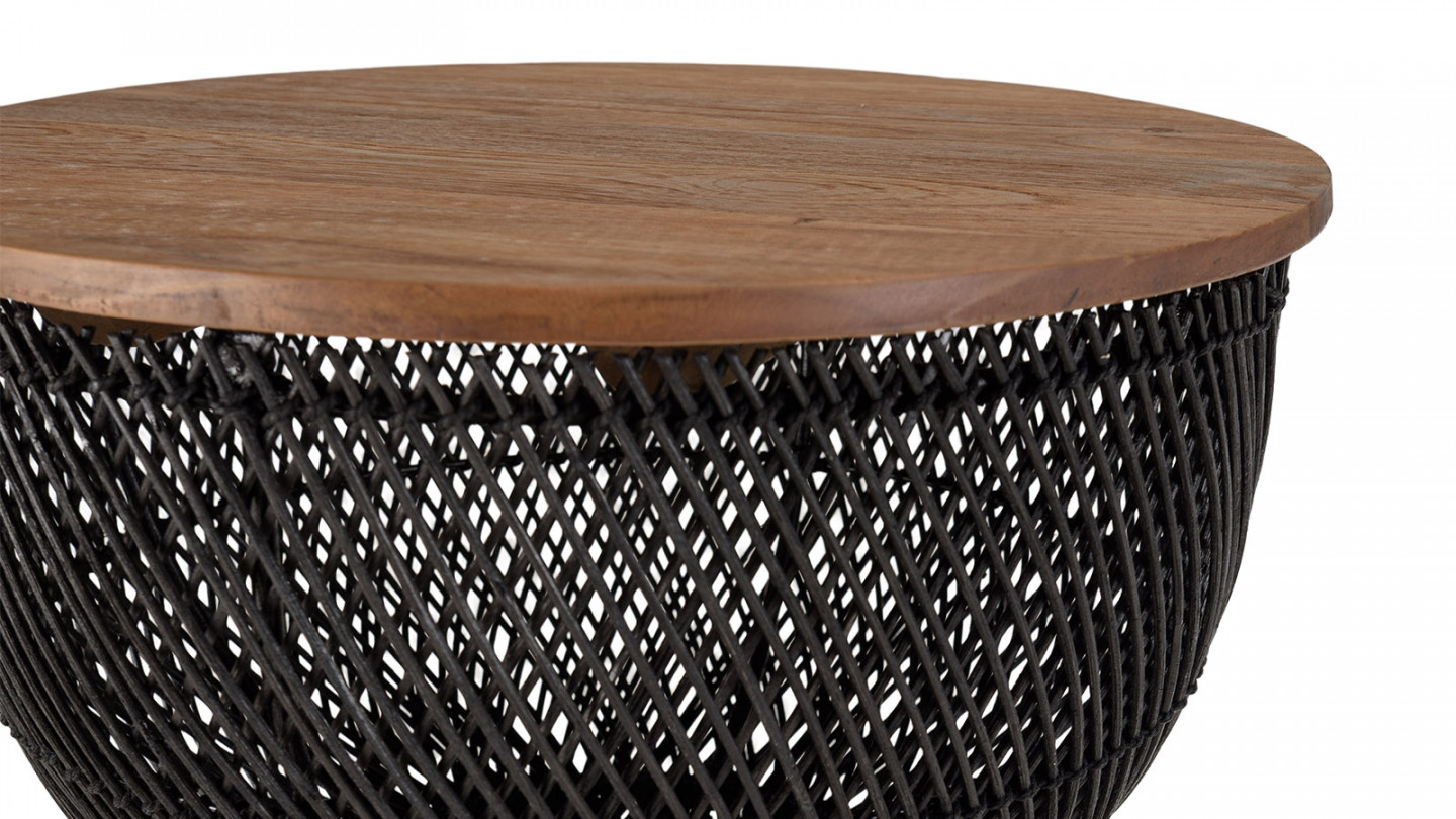 Table d'appoint en rotin noir plateau en bois de teck recyclé SIXTINE