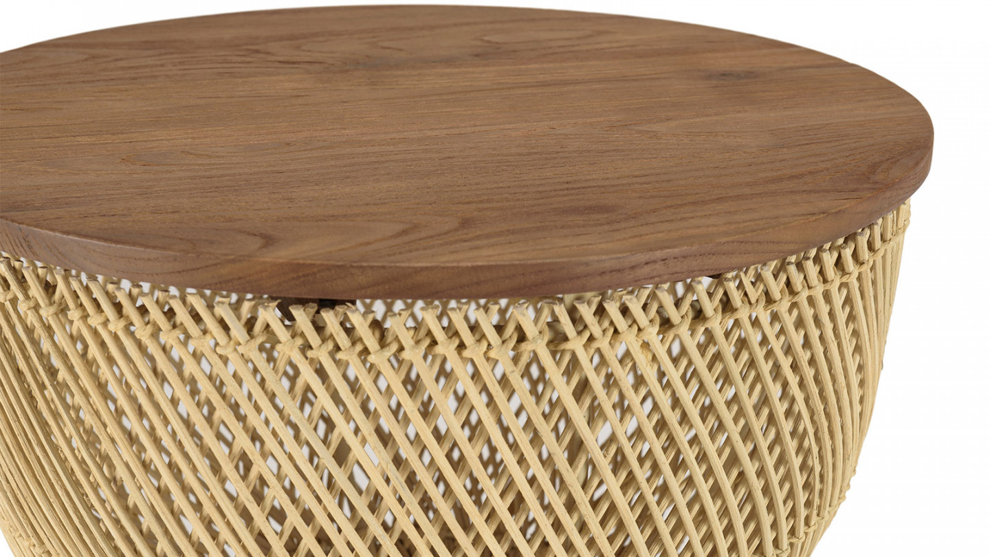 Table d'appoint en rotin beige plateau en bois teck recyclé SIXTINE
