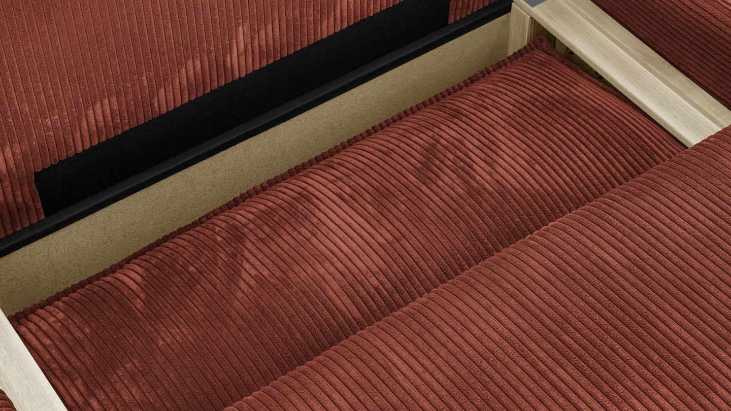 Canapé d'angle à droite convertible 3 places avec coffre de rangement en velours côtelé rouille - Barani