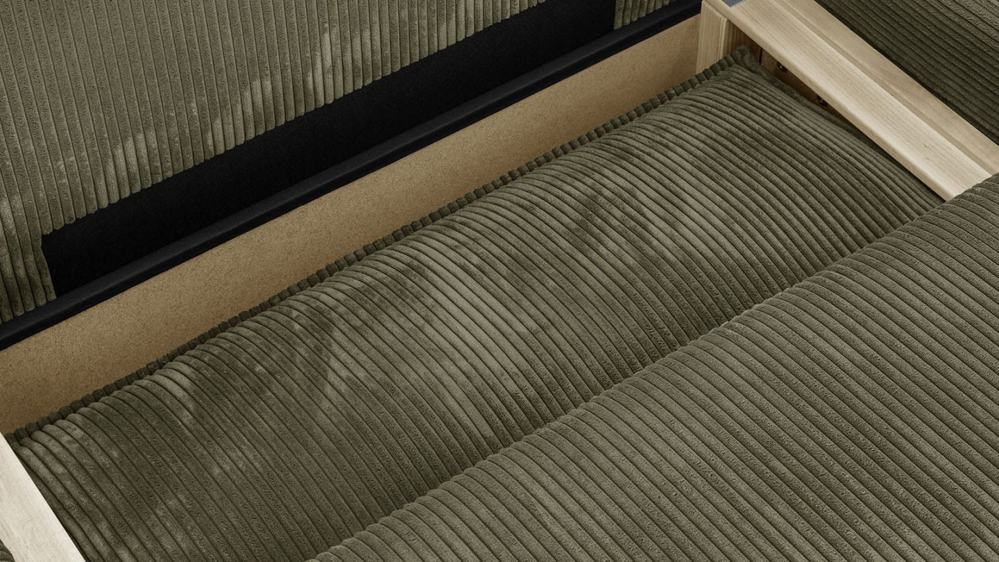 Canapé d'angle à droite convertible 3 places avec coffre de rangement en velours côtelé vert kaki - Barani