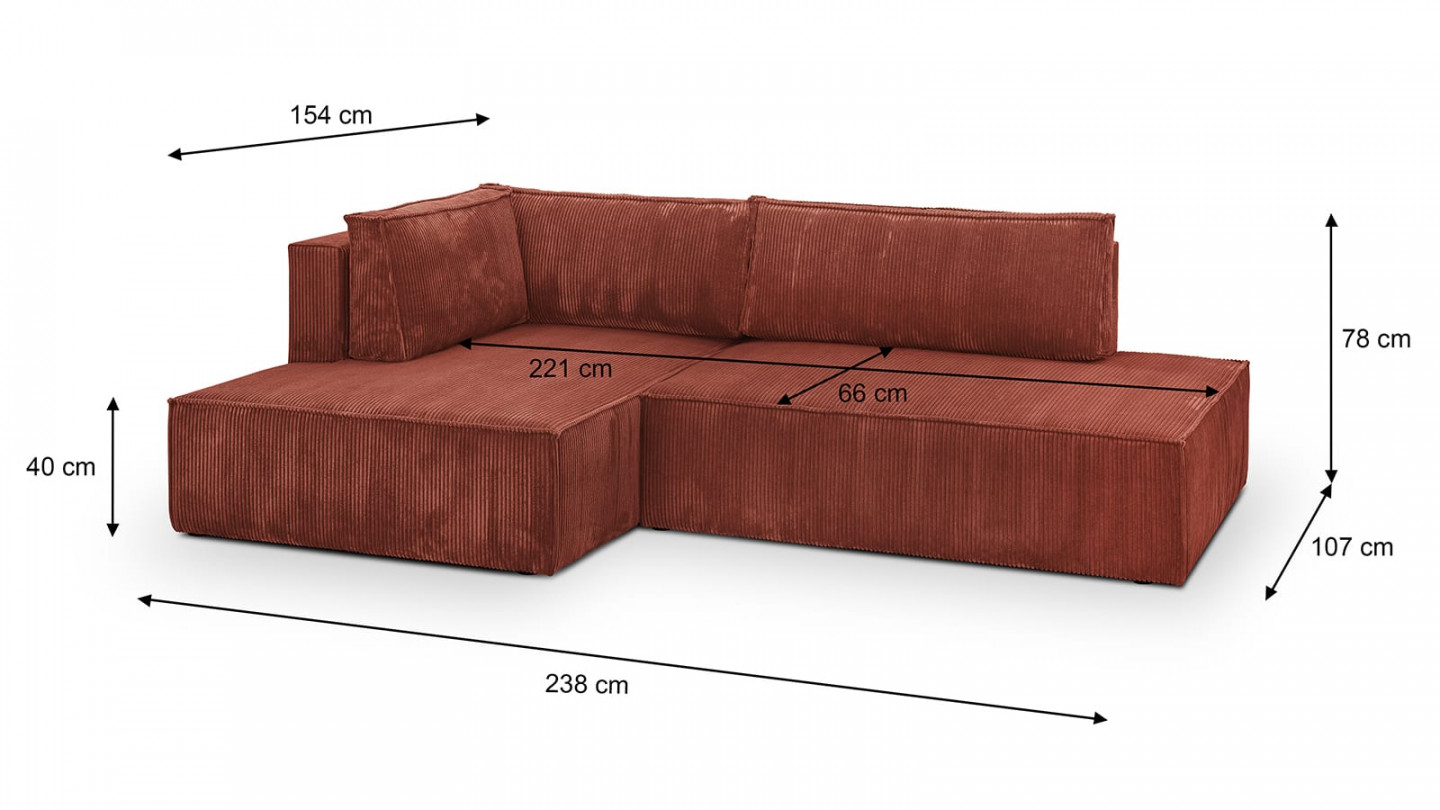 Canapé d'angle à gauche convertible 3 places avec coffre de rangement en velours côtelé rouille - Barani
