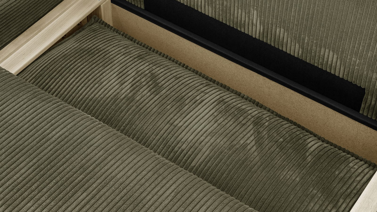 Canapé d'angle à gauche convertible 3 places avec coffre de rangement en velours côtelé vert kaki - Barani