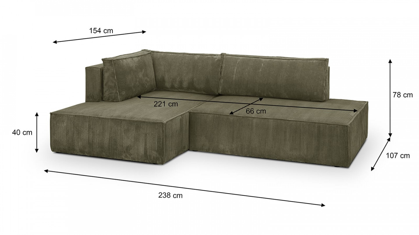 Canapé d'angle à gauche convertible 3 places avec coffre de rangement en velours côtelé vert kaki - Barani