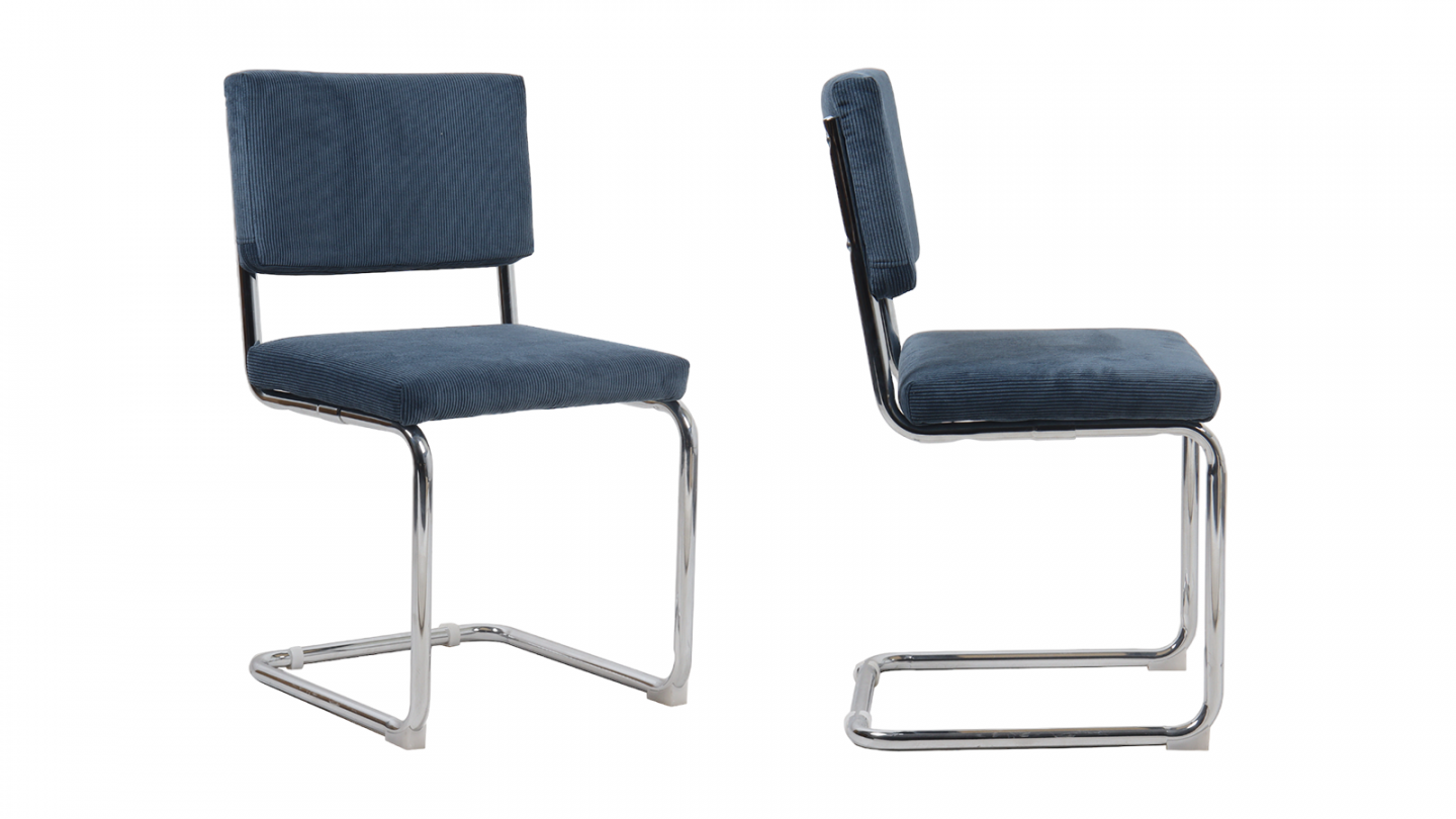 Lot de 2 chaises en velours côtelé bleu et métal chromé - Dulce
