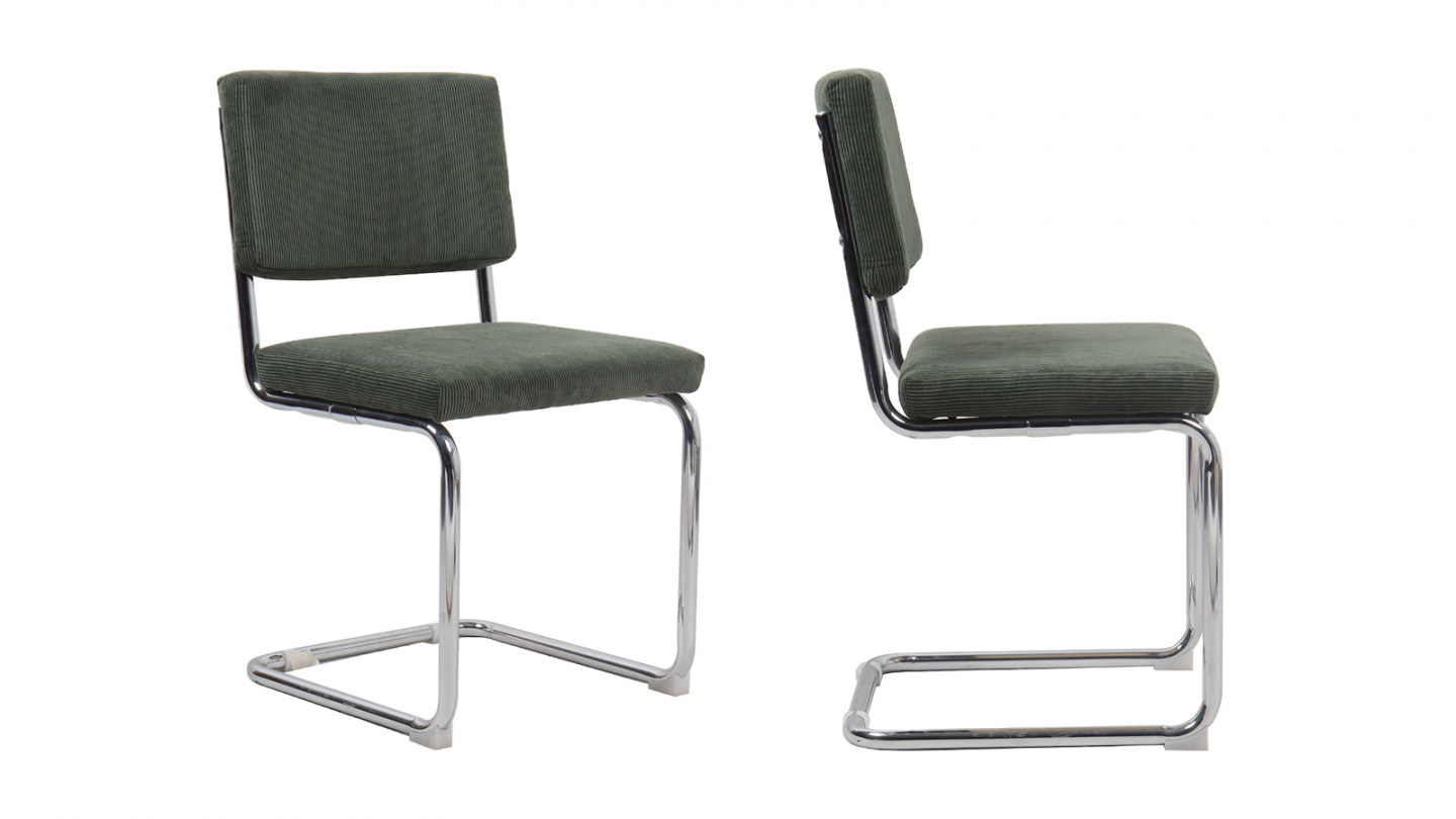Lot de 2 chaises en velours côtelé vert et métal chromé - Dulce