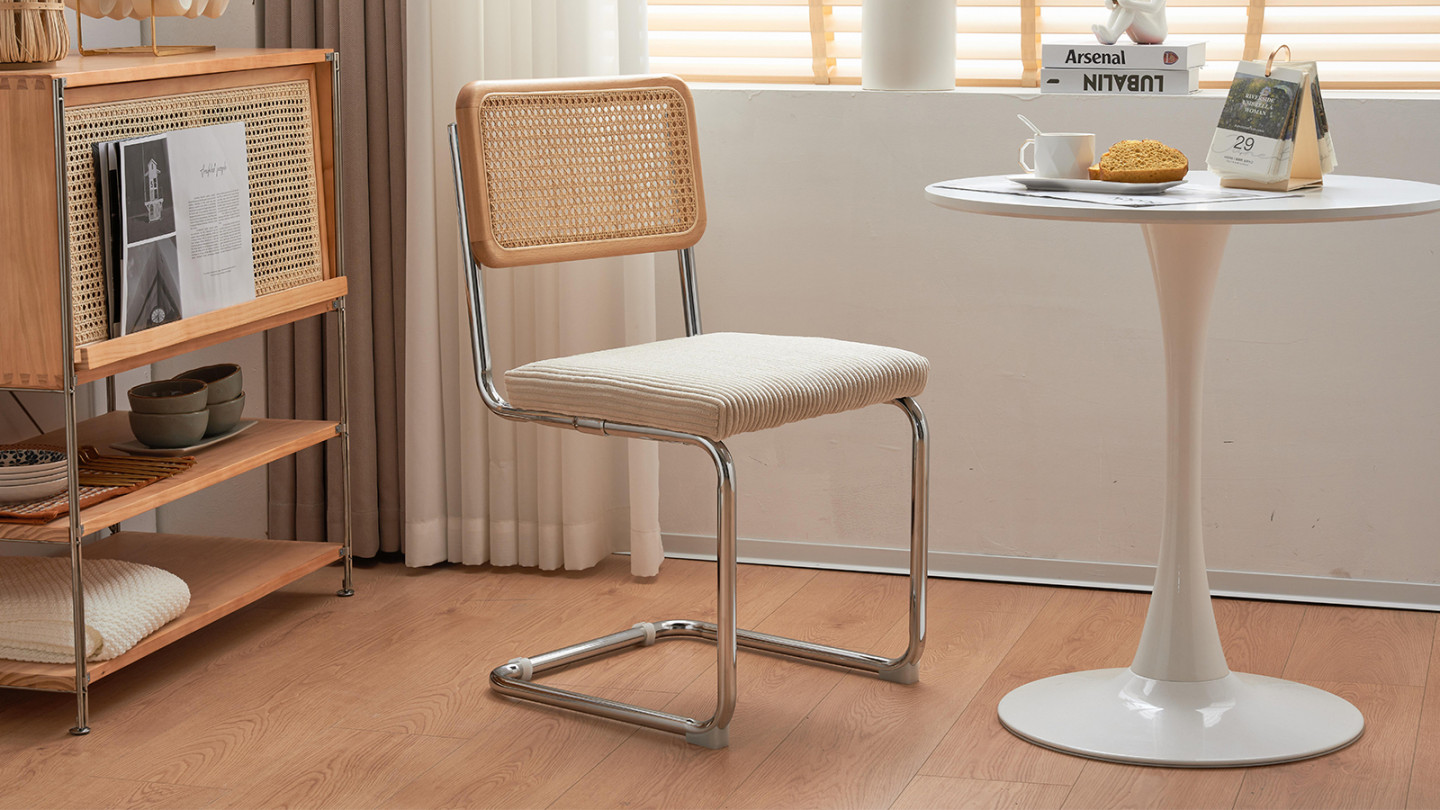 Lot de 2 chaises en rotin, velours côtelé beige et métal chromé - Muse