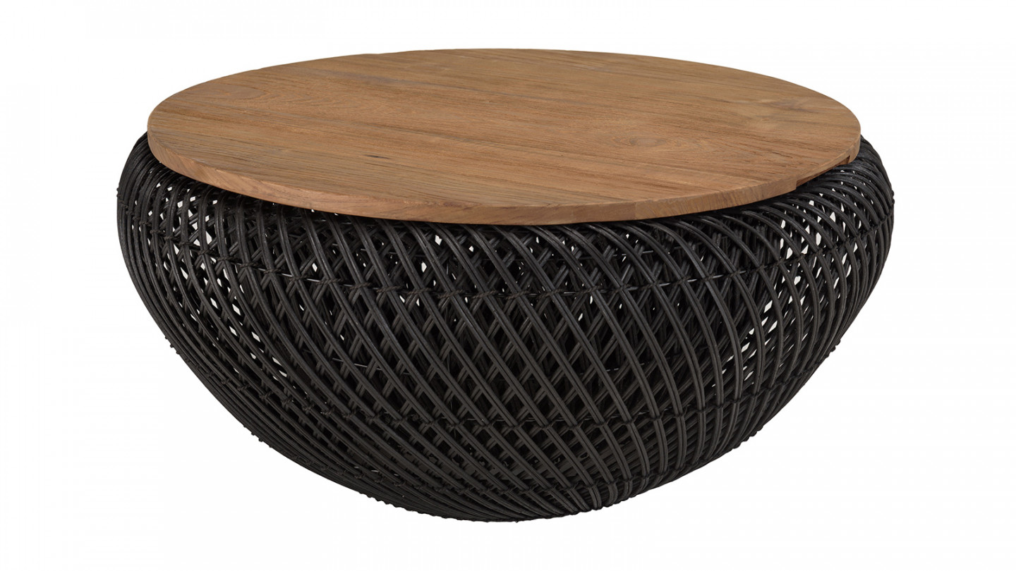 Table basse ronde 65cm en rotin noir plateau amovible - Sixtine