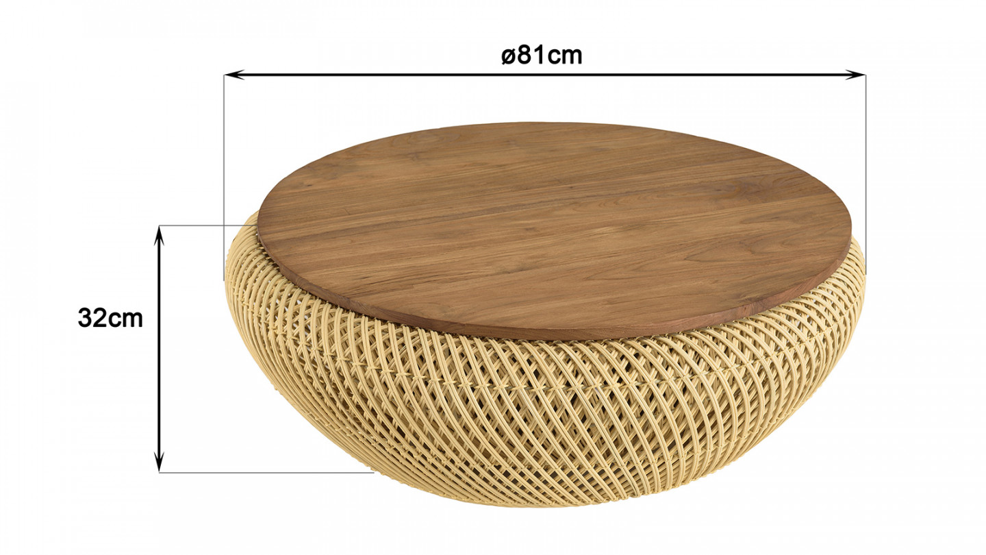 Table basse ronde 80x80cm en rotin beige plateau amovible - Sixtine