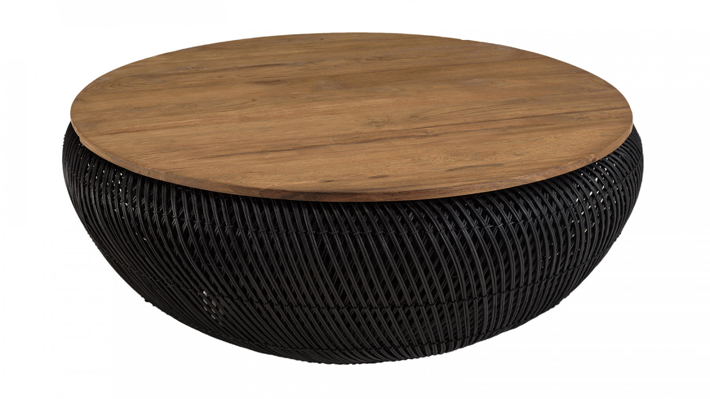 Table basse ronde 100x100cm en rotin noir plateau amovible - Sixtine