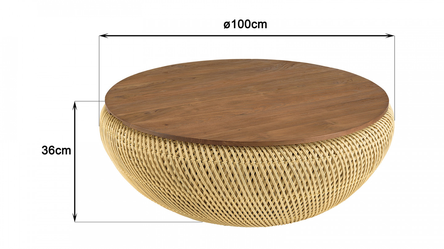 Table basse ronde 100x100cm en rotin beige plateau amovible - Sixtine