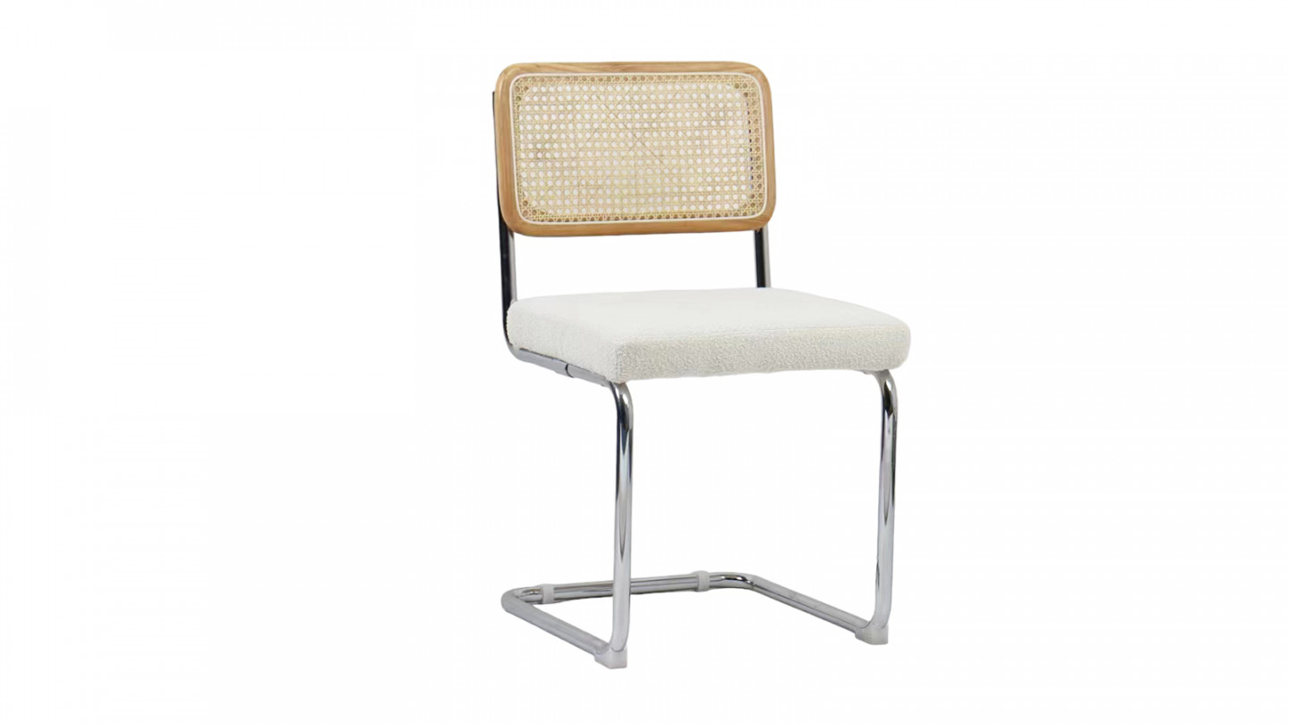 Lot de 2 chaises en rotin, tissu bouclé écru et métal chromé - Muse