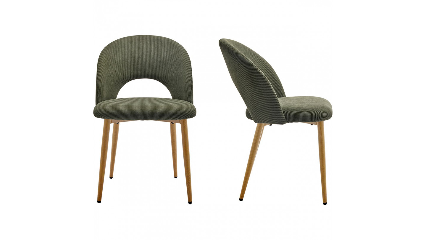Lot de 2 chaises en velours côtelé vert, piètement effet bois - Moss